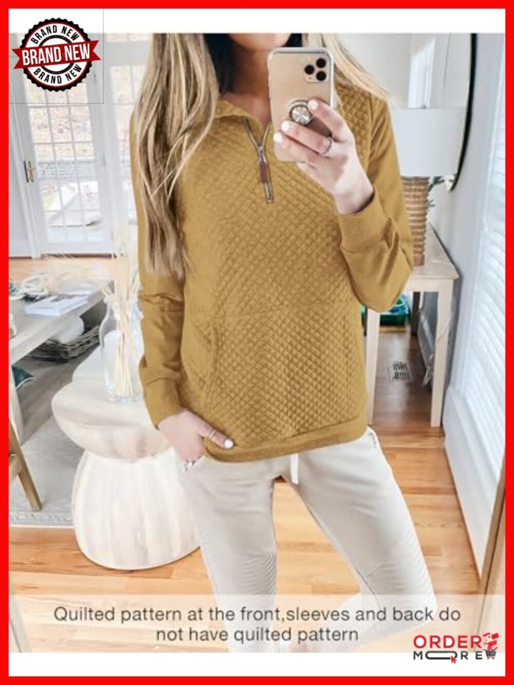Women's Quarter Zip Quilted Sweatshirt Long Sleeve Pullover Kangaroo Pocket - Picture 3 of 6